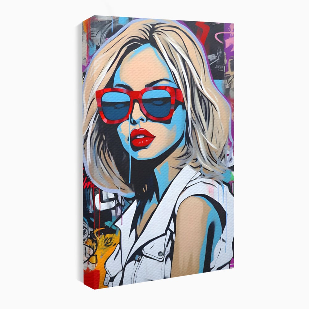 Tablou canvas cu tablou canvas portret pop art femeie cu ochelari, fara rama, pe sasiu de lemn